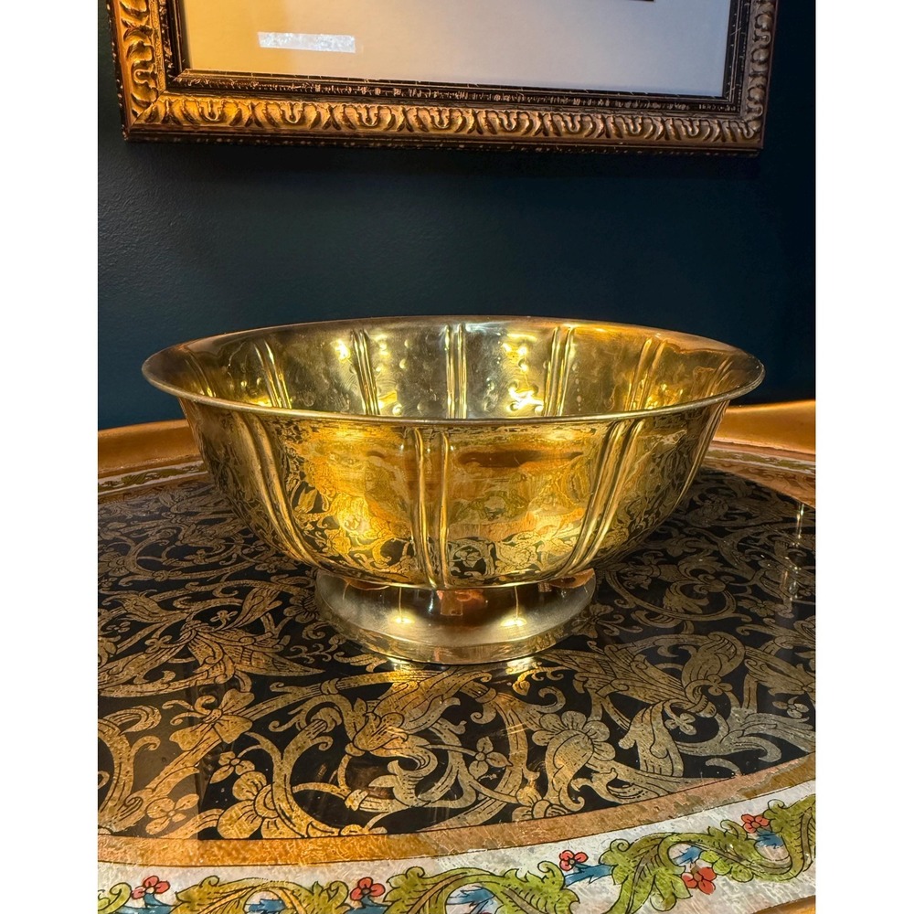 Vintage Brass‎ Footed Bowl: Fluted Embossed Dot Design, Boho Centerpiece